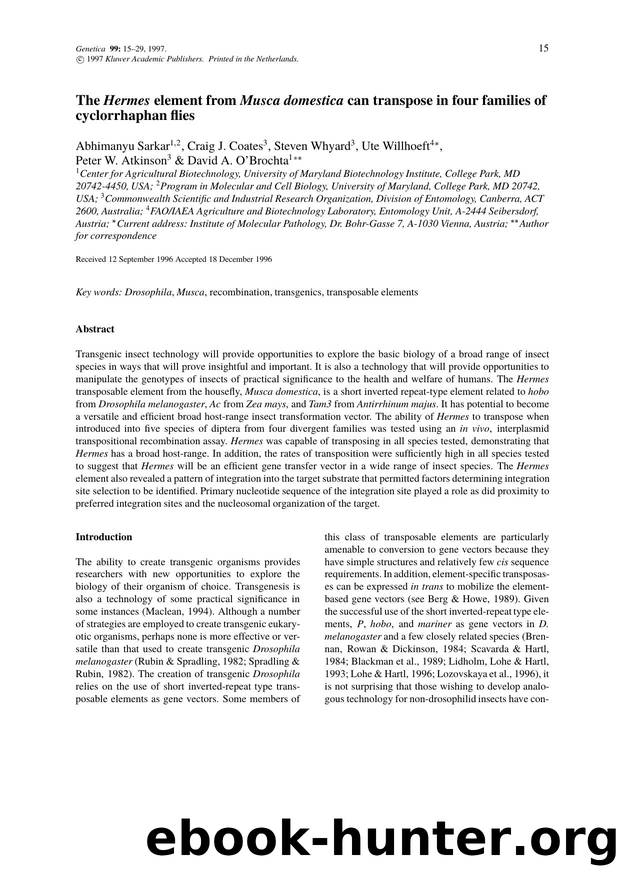 The Hermes element from Musca domestica can transpose in four families of cyclorrhaphan flies by Unknown
