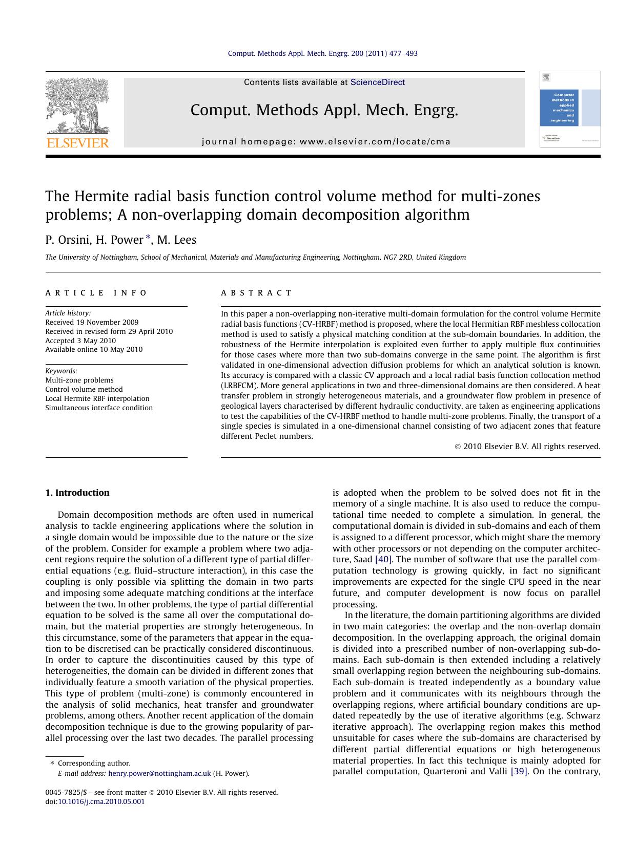 The Hermite radial basis function control volume method for multi-zones problems; A non-overlapping domain decomposition algorithm by P. Orsini & H. Power & M. Lees