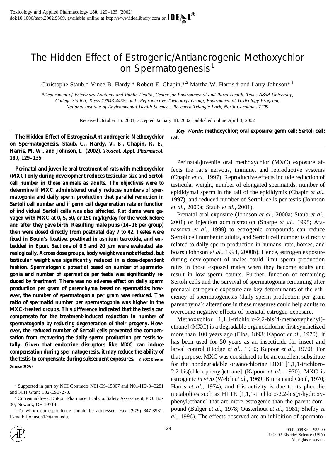 The Hidden Effect of EstrogenicAntiandrogenic Methoxychlor on Spermatogenesis by Staub C. et al