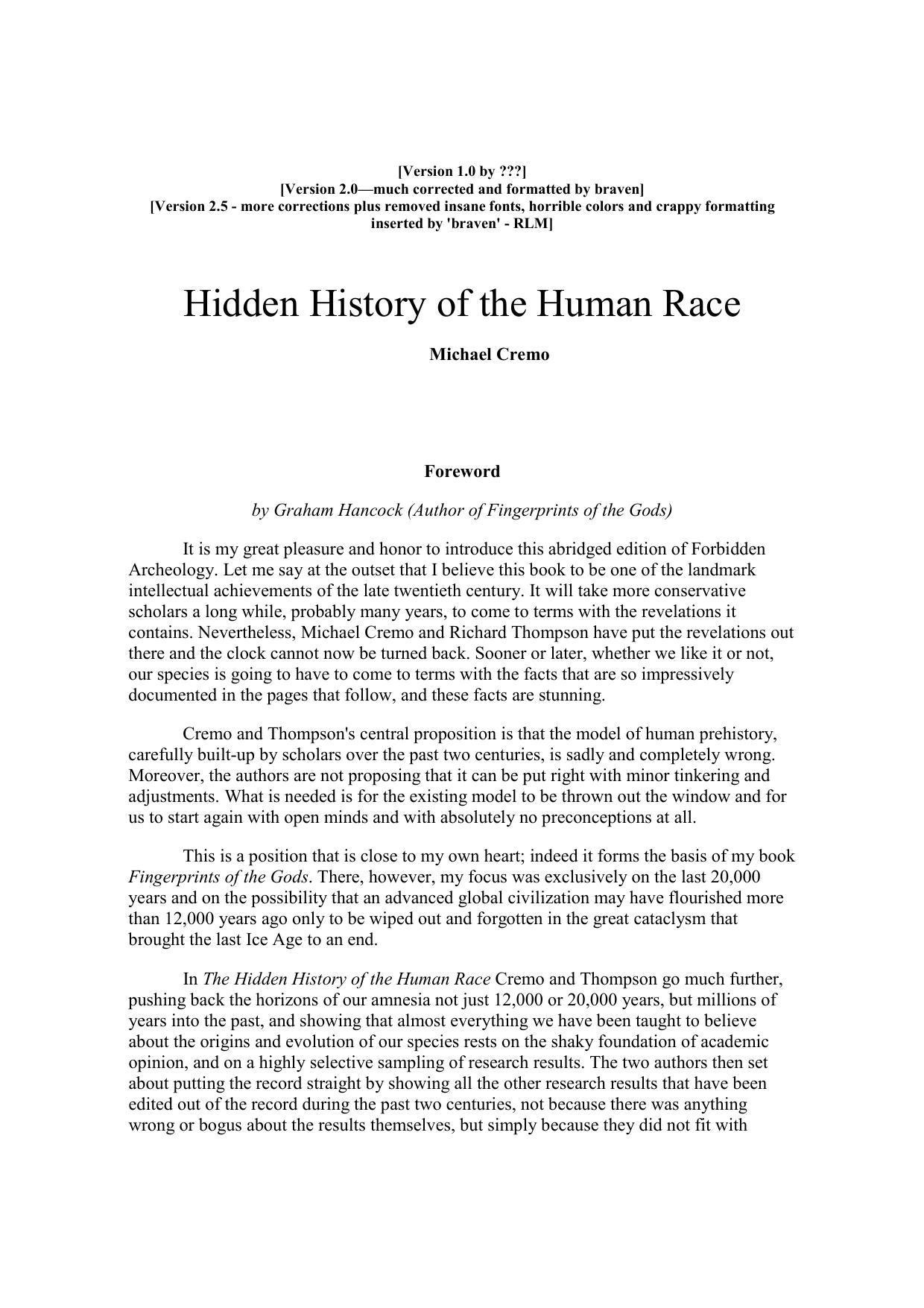 The Hidden History of the Human Race: Major Scientific Coverup Exposed by Michael A. Cremo Richard L. Thompson