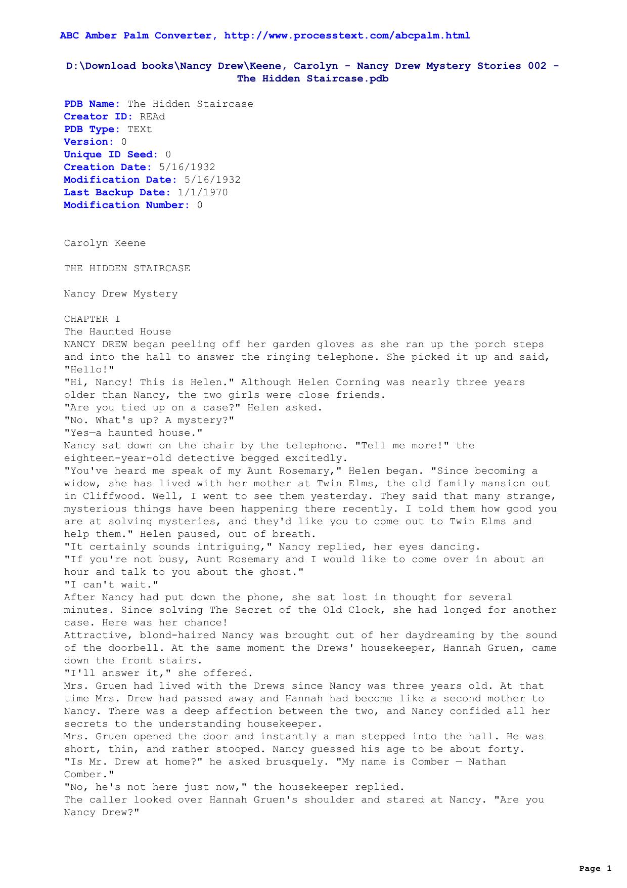 The Hidden Staircase (Nancy Drew, Book 2) by Carolyn Keene