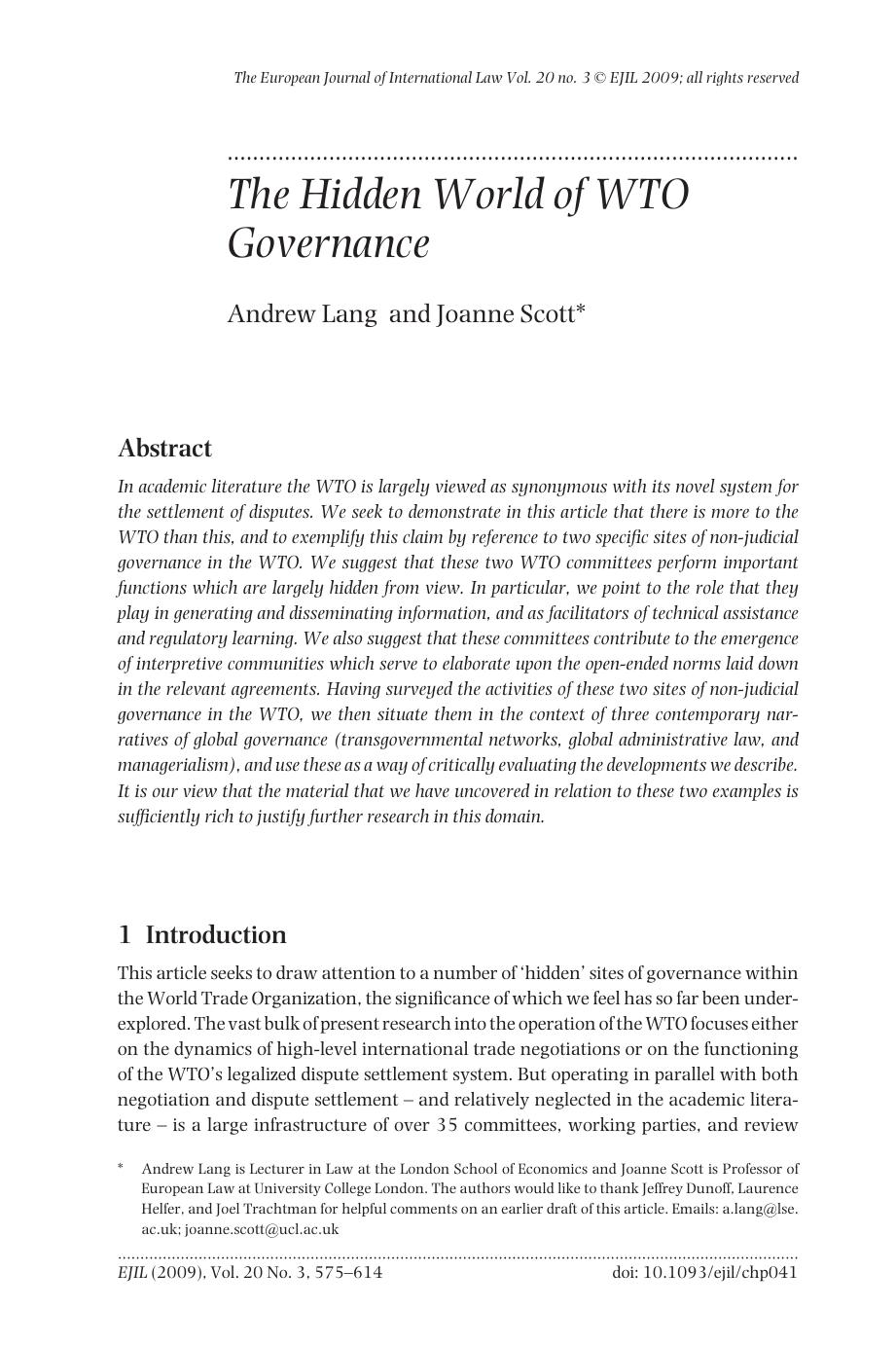 The Hidden World of WTO Governance by Andrew Lang and Joanne Scott