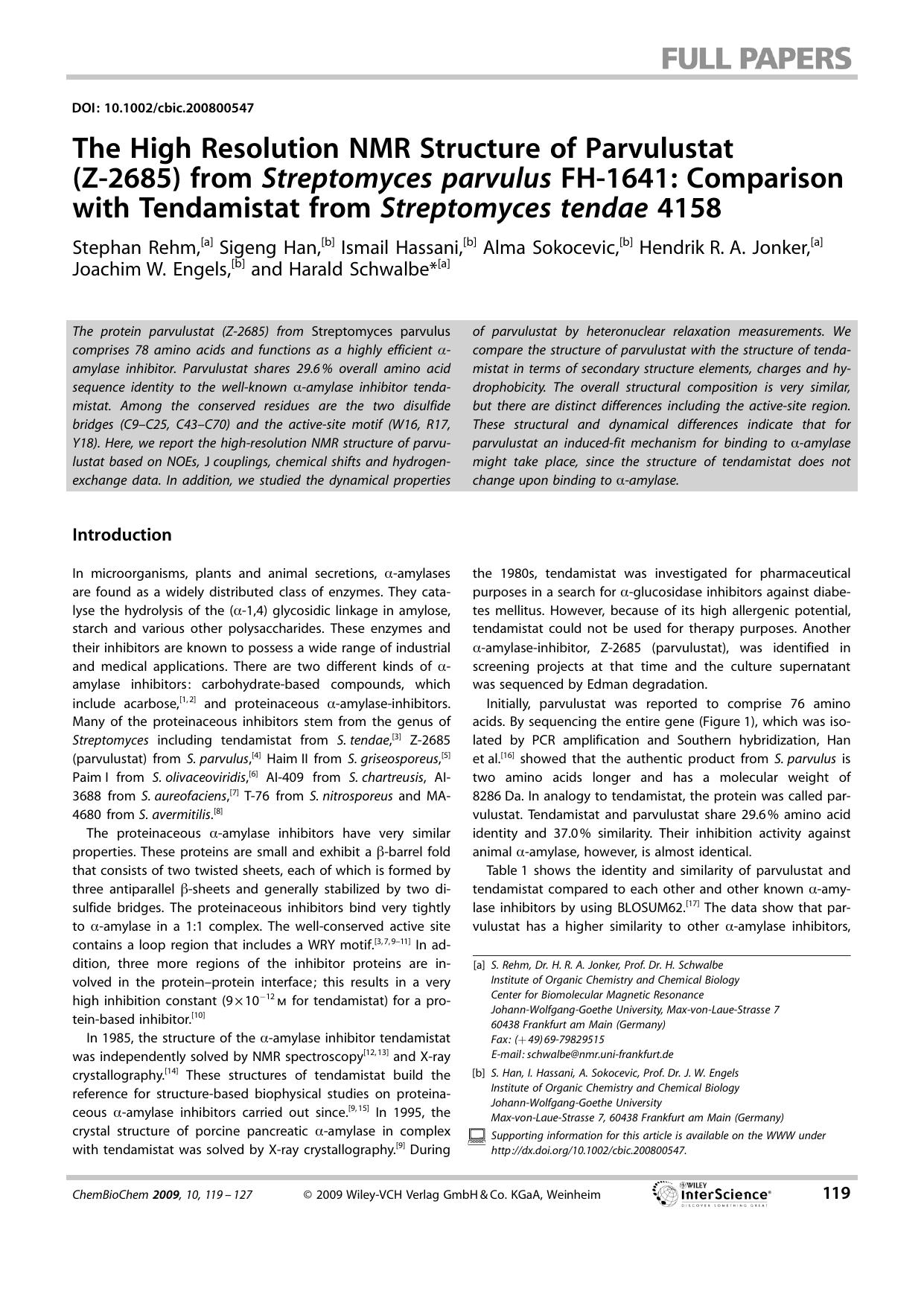 The High Resolution NMR Structure of Parvulustat (Z-2685) from Streptomyces parvulus FH-1641: Comparison with Tendamistat from Streptomyces tendae 4158 by Unknown