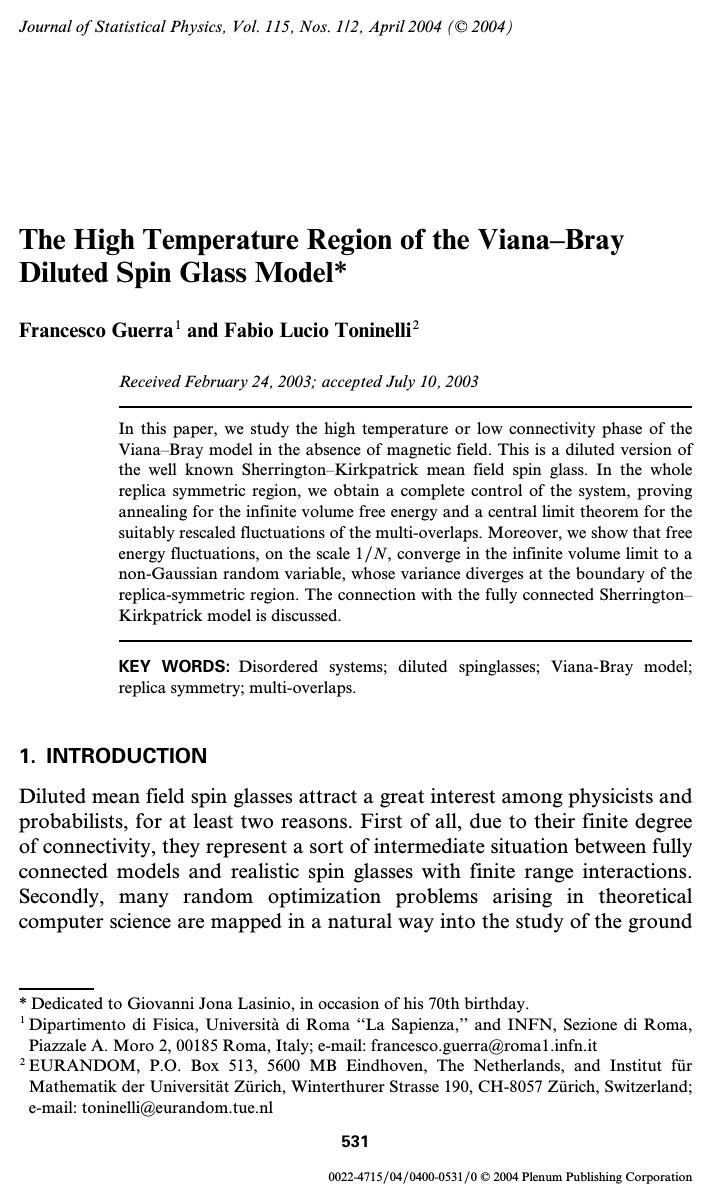 The High Temperature Region of the Viana–Bray Diluted Spin Glass Model by Unknown