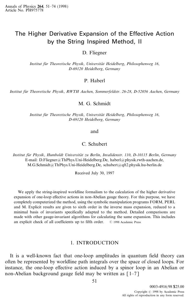 The Higher Derivative Expansion of the Effective Action by the String Inspired Method, II by Fliegner D. et al