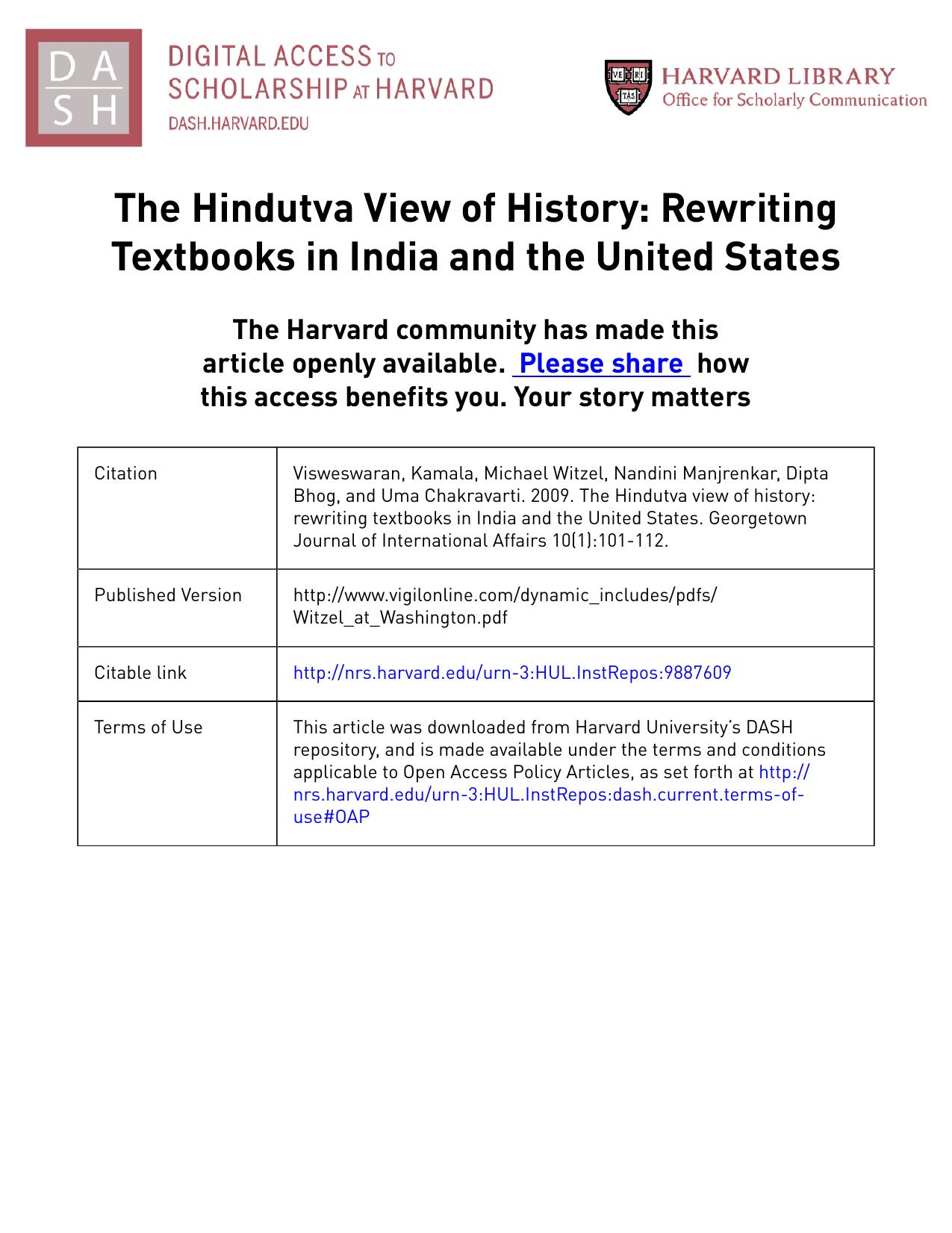 The Hindutva View of History - Rewriting Textbooks in India and the United States by Kamala Vishweswaran; Michael Witzel; Nandini Manjrekar; Dipta Bhog; Uma Chakravarti