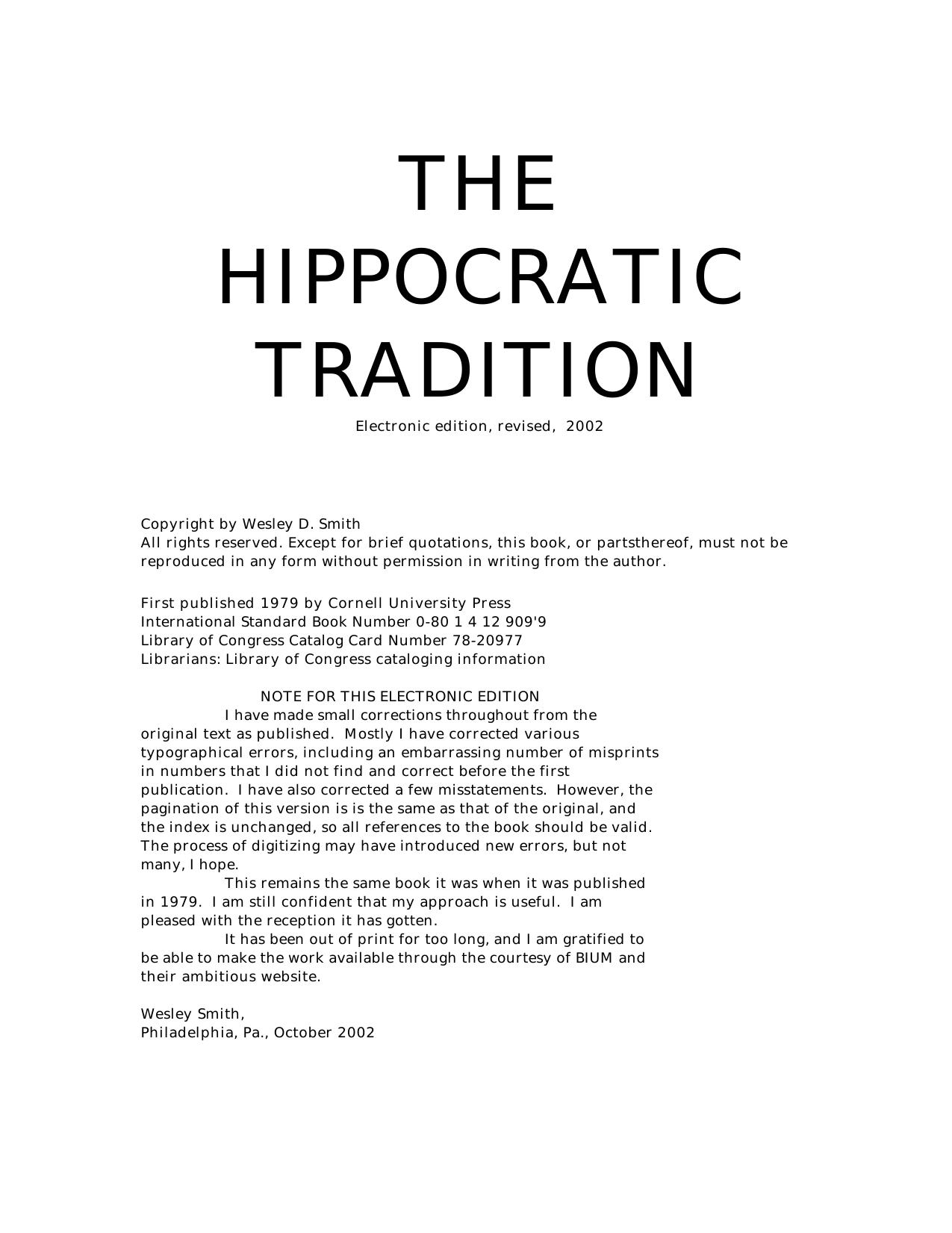 The Hippocratic Tradition (Cornell publications in the history of science) by Wesley D. Smith