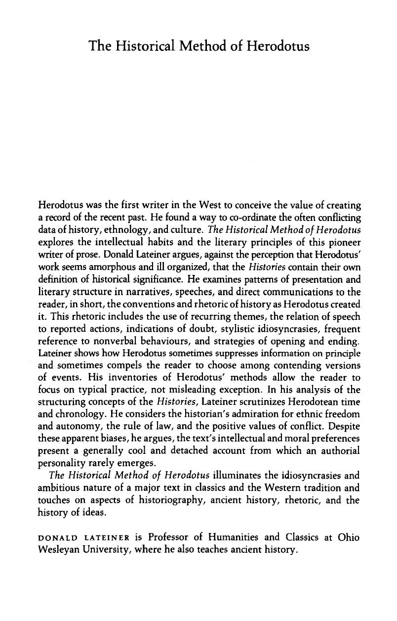 The Historical Method of Herodotus by Donald Lateiner