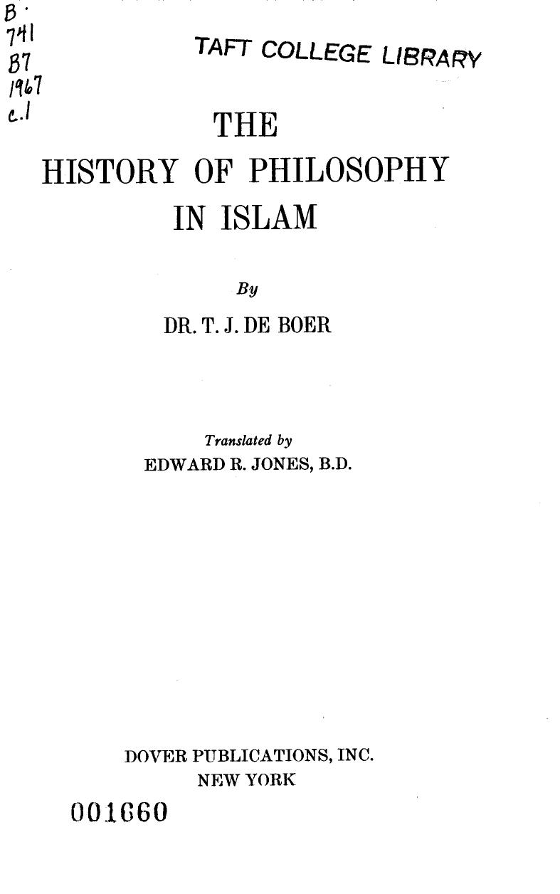 The History Of Philosophy In Islam by De Boer