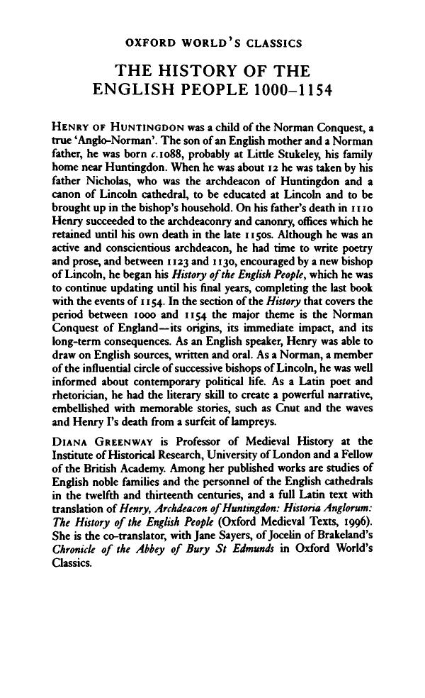 The History Of The English People, 1000 - 1154 by Henry of Huntingdon; Diana Greenway