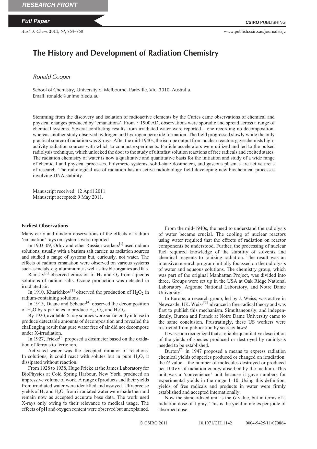 The History and Development of Radiation Chemistry by R. Cooper