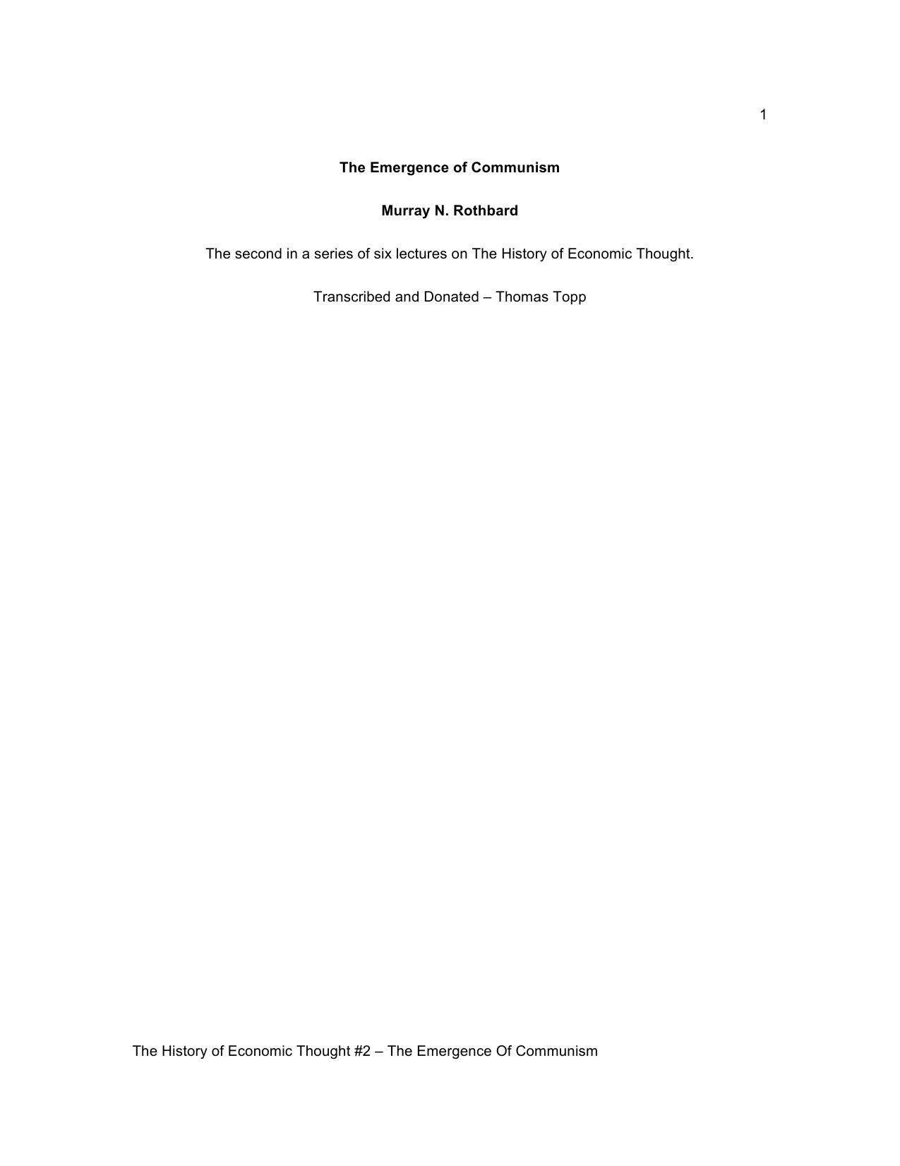 The History of Economic Thought #2 -- The Emergence Of Communism by Rothbard Murray N
