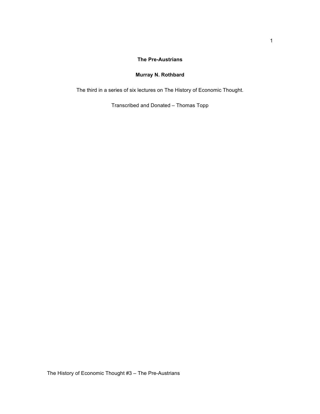 The History of Economic Thought #3 -- The Pre-Austrians by Murray N. Rothbard