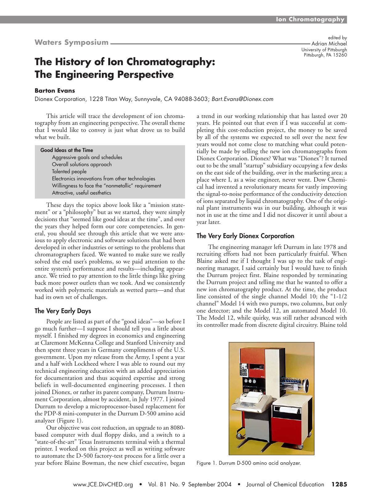The History of Ion Chromatography: The Engineering Perspective by Barton Evans