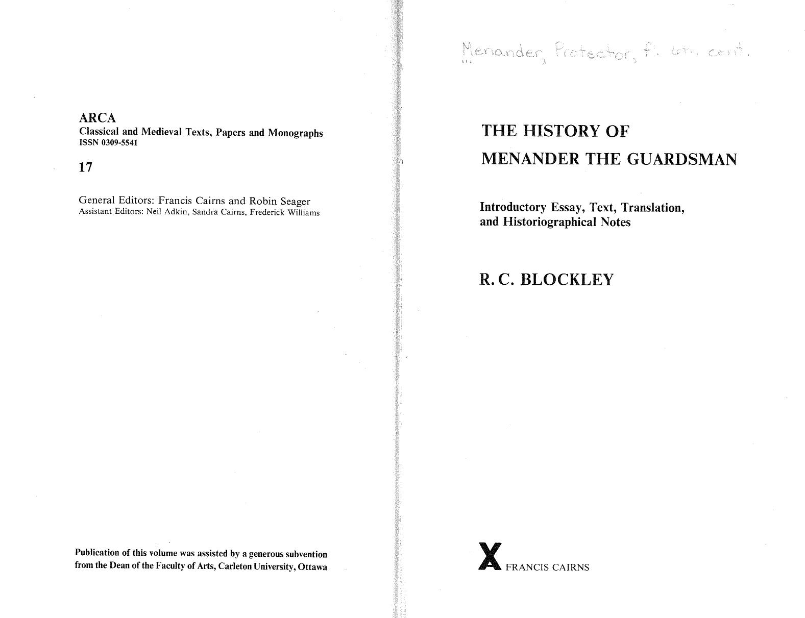 The History of Menander the Guardsman by Blockley Roger C