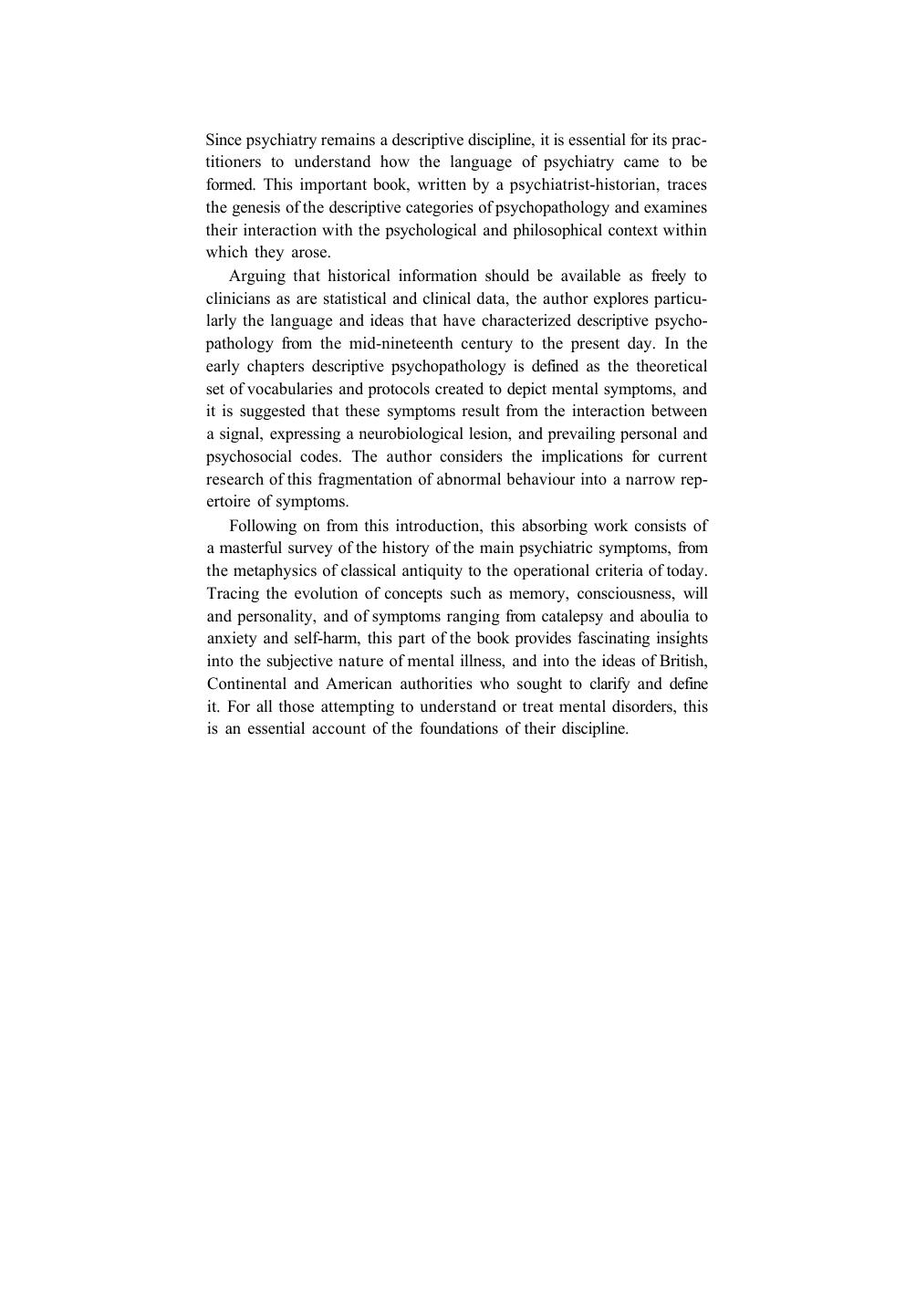 The History of Mental Symptoms: Descriptive Psychopathology since the Nineteenth Century by German E. Berrios
