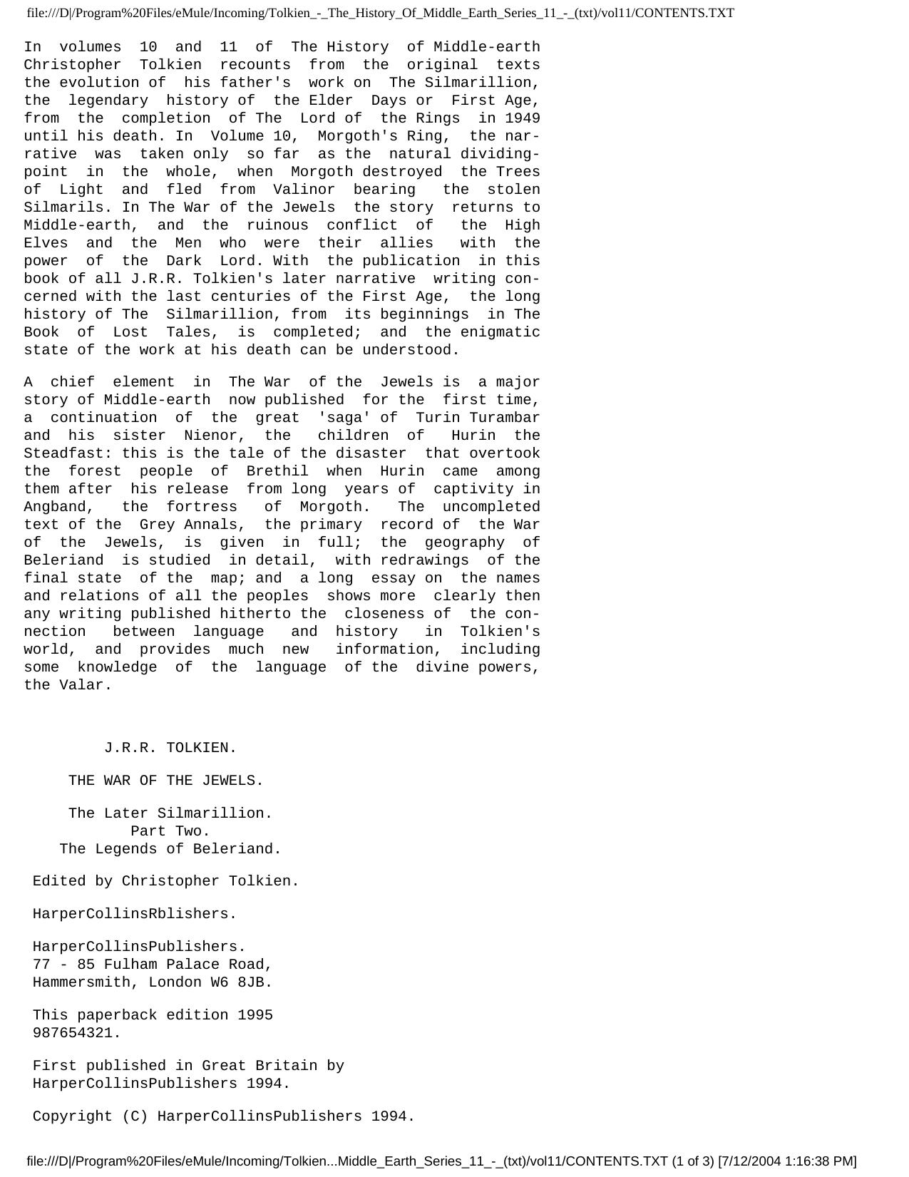 The History of Middle-earth Vol. 11 by The War of the Jewels