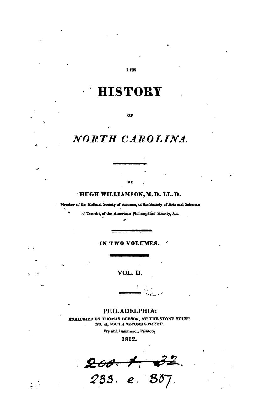 The History of North Carolina by Hugh Williamson