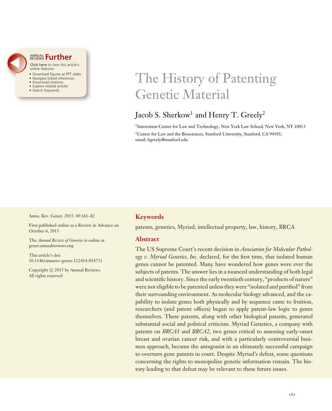 The History of Patenting Genetic Material by Jacob S. Sherkow and Henry T. Greely