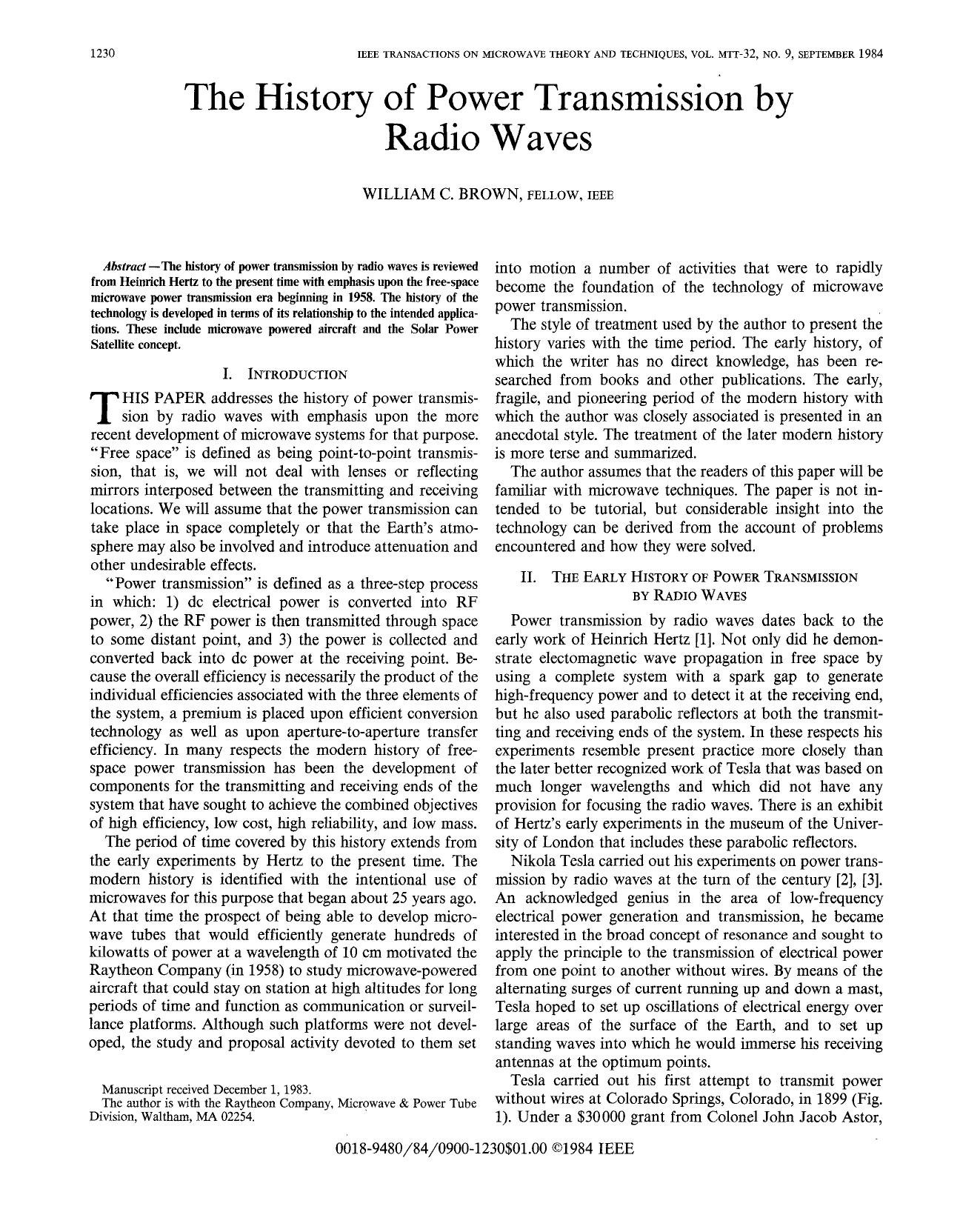The History of Power Transmission by Radio Waves by W.C. Brown