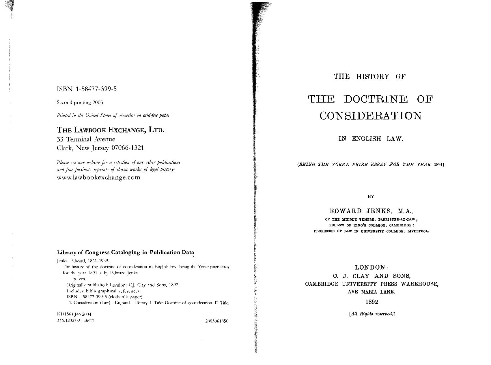 The History of the Doctrine of Consideration in English Law by Jenks E
