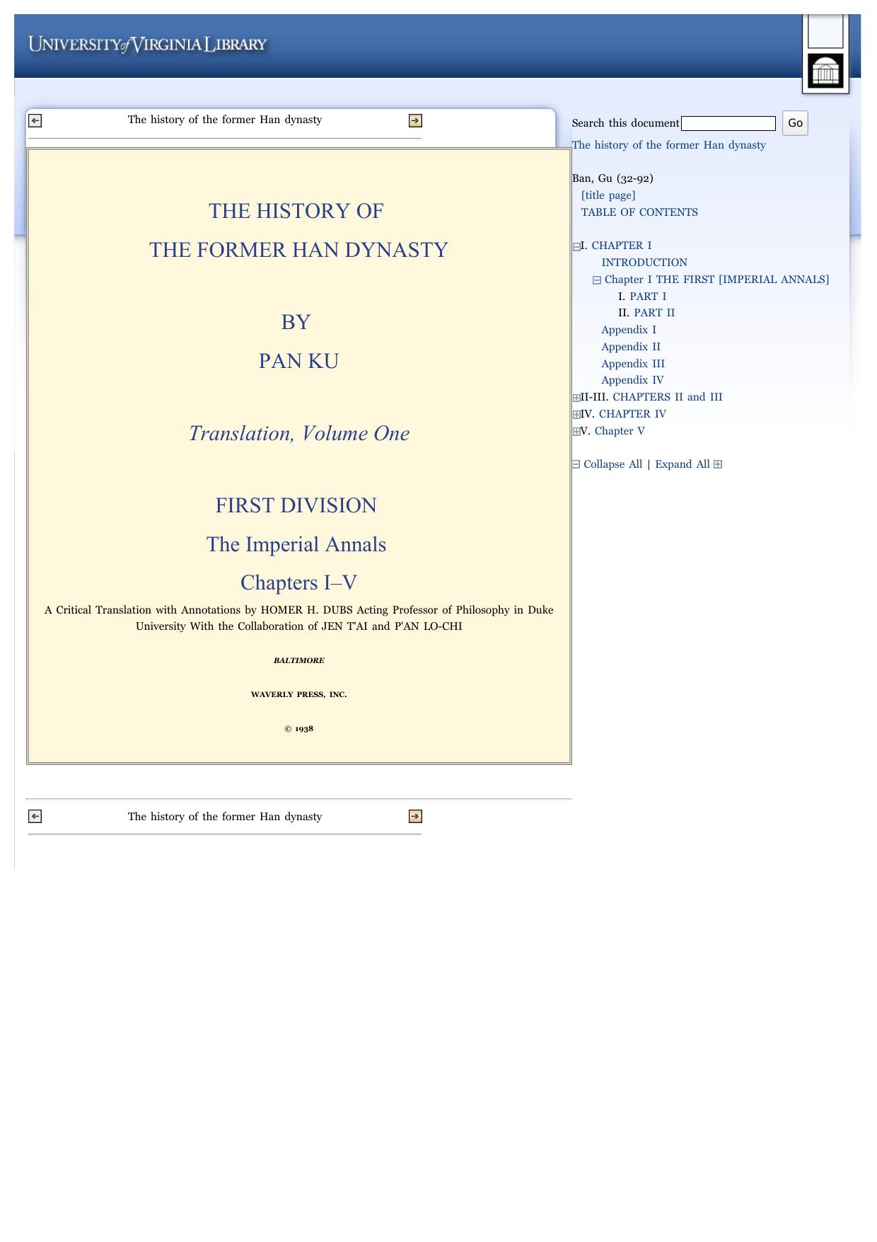 The History of the Former Han Dynasty A Critical Translation with Annotations Translation, Volume 1 by Ban Gu Homer H. Dubs