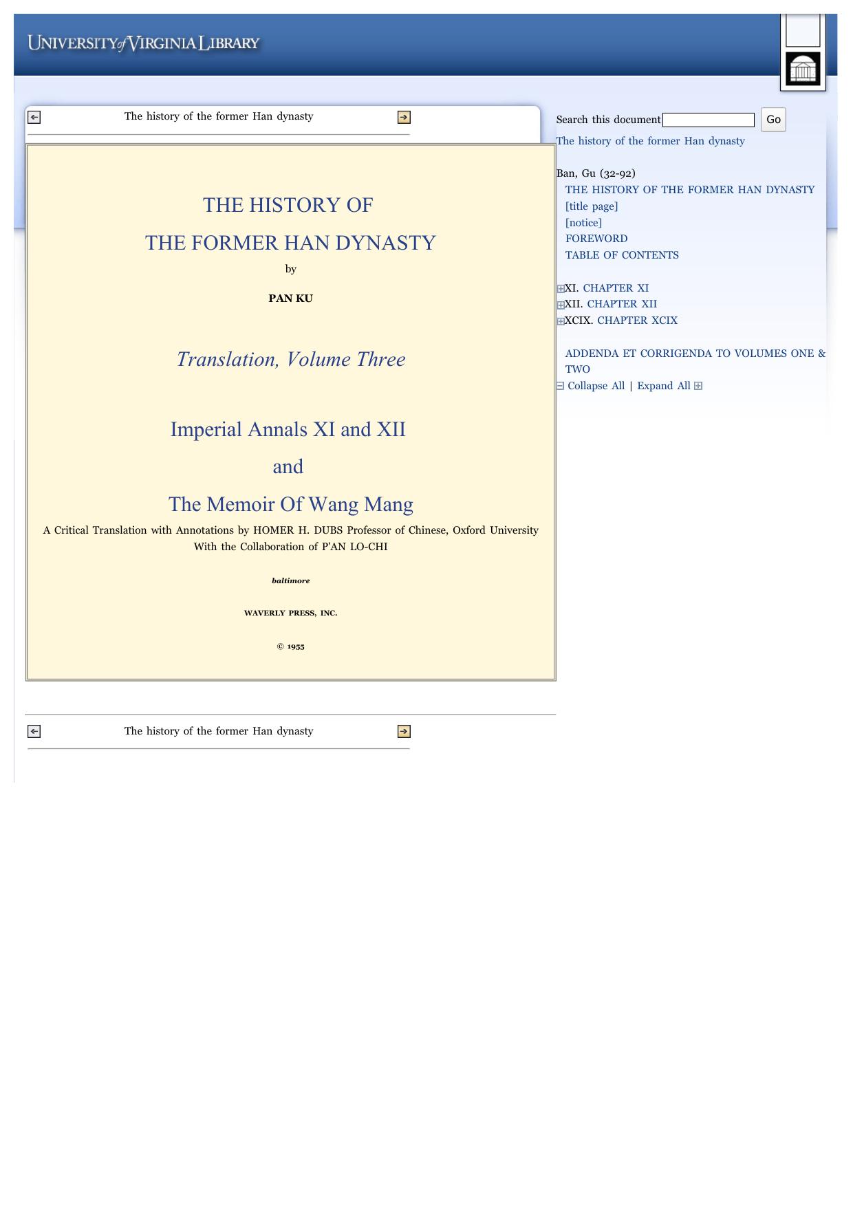 The History of the Former Han Dynasty A Critical Translation with Annotations Translation, Volume 3 by Ban Gu Homer H. Dubs