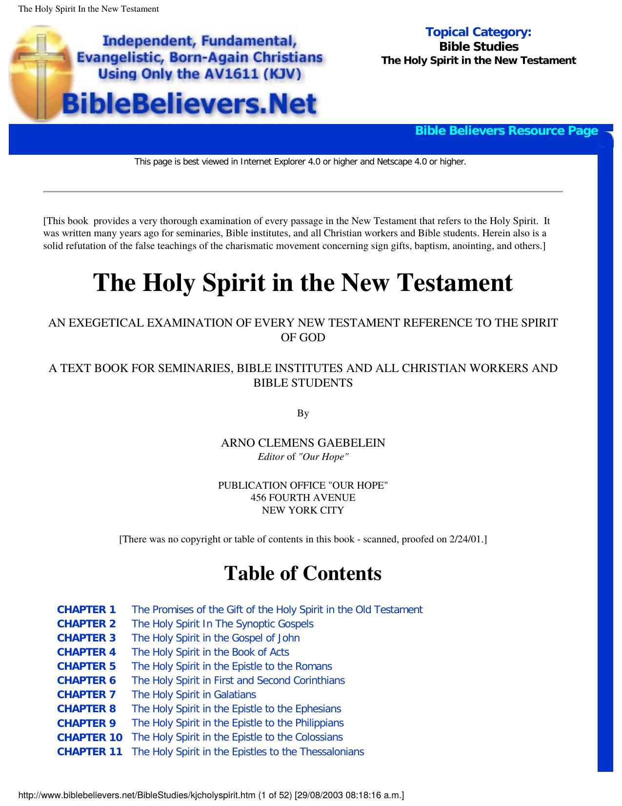 The Holy Spirit In the New Testament - Gaebelein by Arno Clemens Gaebelein