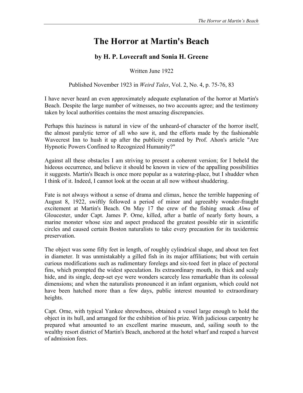 The Horror at Martin's Beach by H. P. Lovecraft & Sonia H. Greene