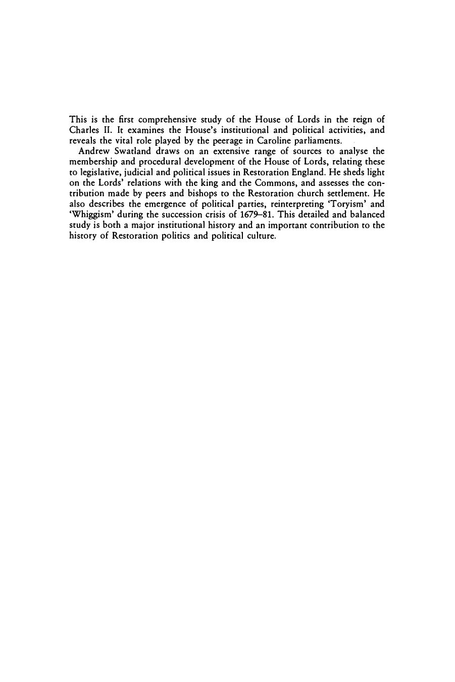 The House of Lords in the Reign of Charles II (Cambridge Studies in Early Modern British History) by Unknown