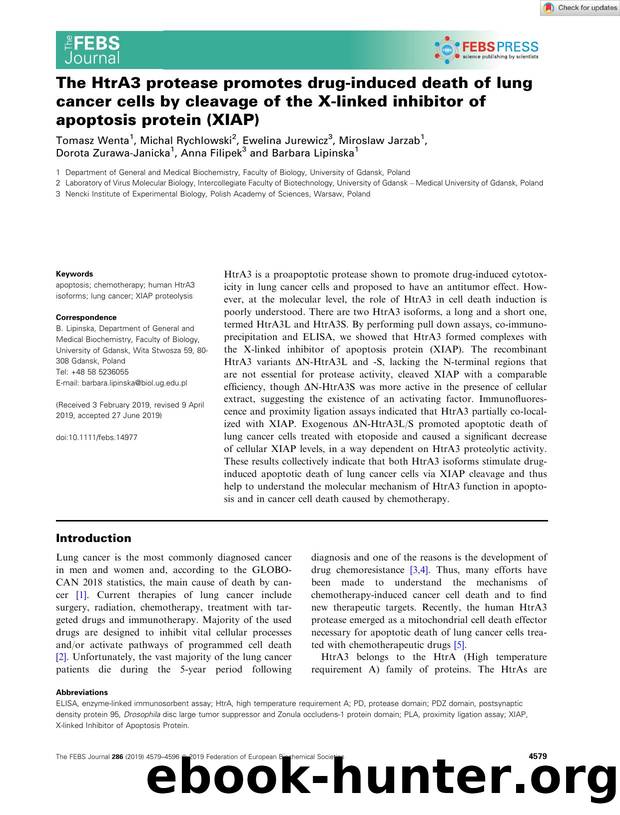 The HtrA3 protease promotes drugâinduced death of lung cancer cells by cleavage of the Xâlinked inhibitor of apoptosis protein (XIAP) by Unknown