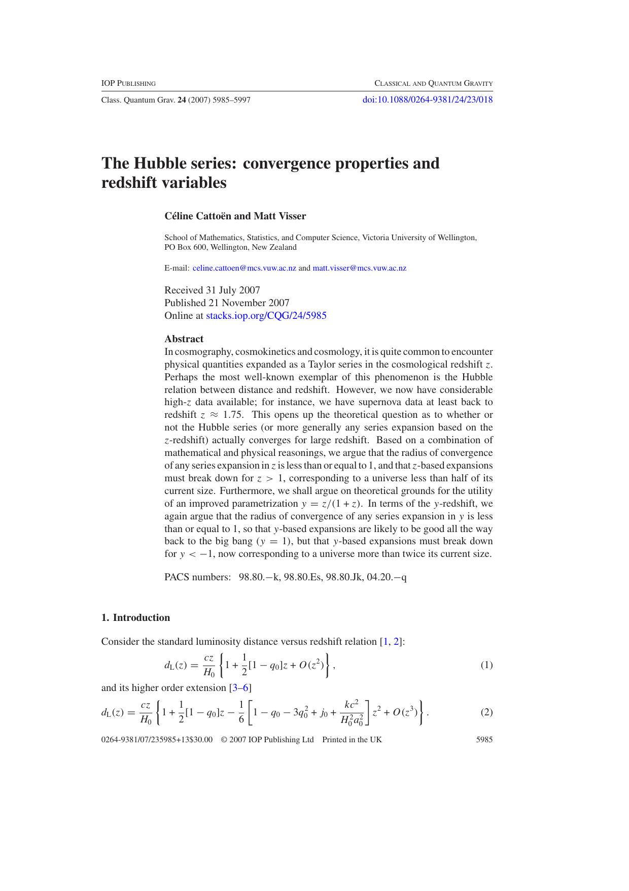 The Hubble series: convergence properties and redshift variables by C Cattoen and M Visser