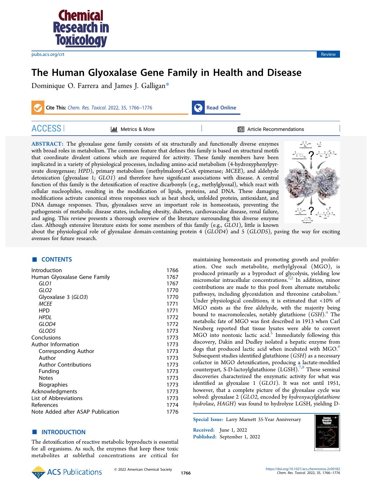 The Human Glyoxalase Gene Family in Health and Disease by Dominique O. Farrera and James J. Galligan