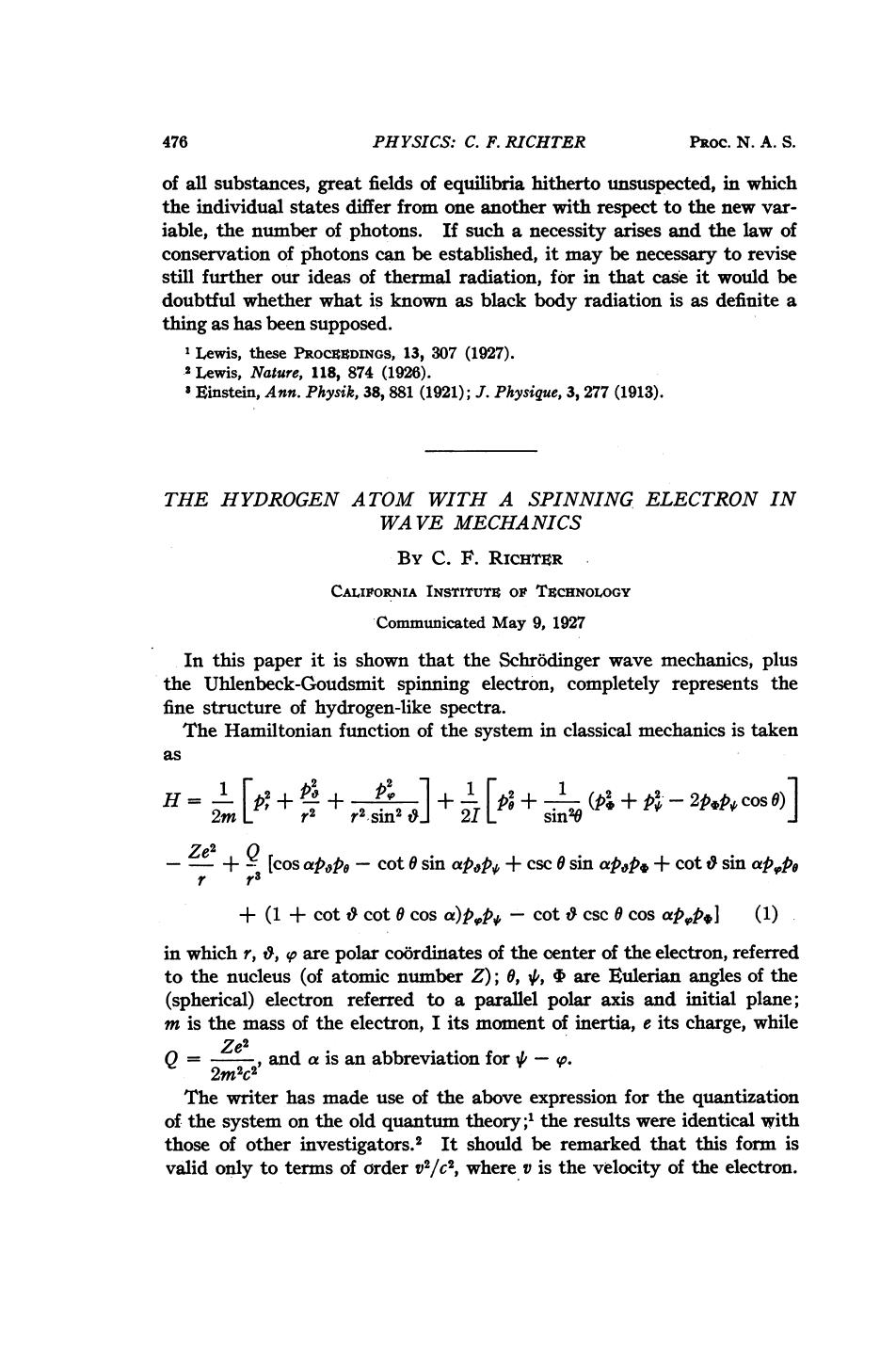 The Hydrogen Atom with a Spinning Electron in Wave Mechanics by Richter C. F