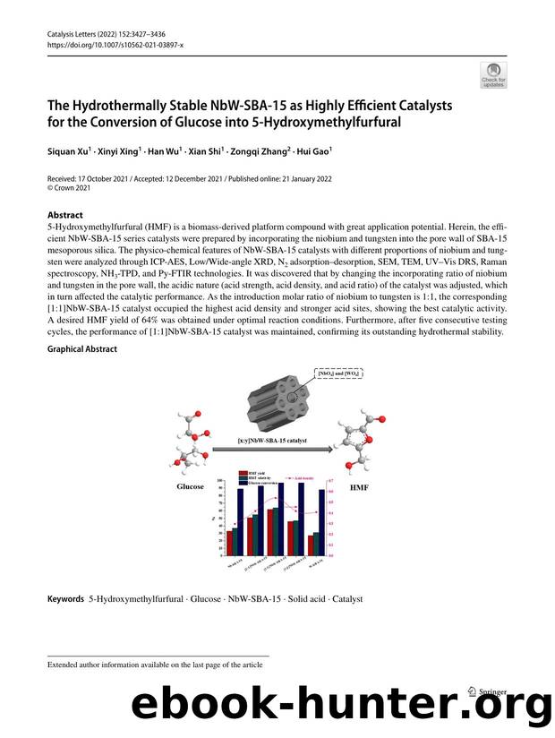 The Hydrothermally Stable NbW-SBA-15 as Highly Efficient Catalysts for the Conversion of Glucose into 5-Hydroxymethylfurfural by Siquan Xu & Xinyi Xing & Han Wu & Xian Shi & Zongqi Zhang & Hui Gao