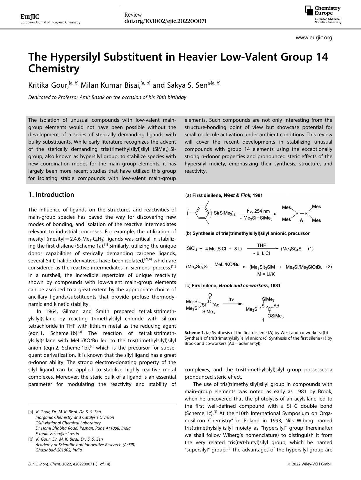 The Hypersilyl Substituent in Heavier LowâValent Group 14 Chemistry by Unknown
