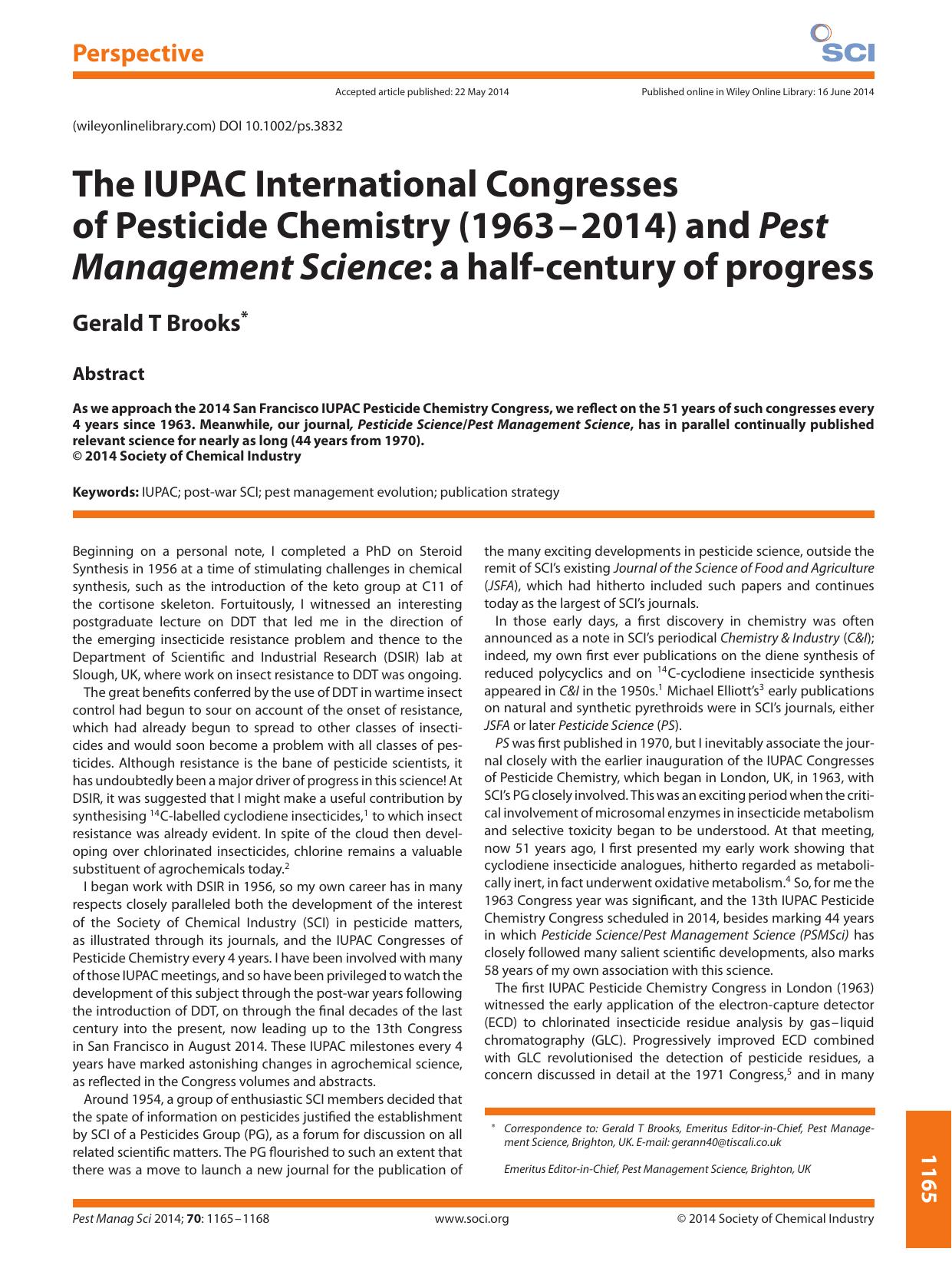 The IUPAC International Congresses of Pesticide Chemistry (19632014) and Pest Management Science: a halfcentury of progress by Unknown