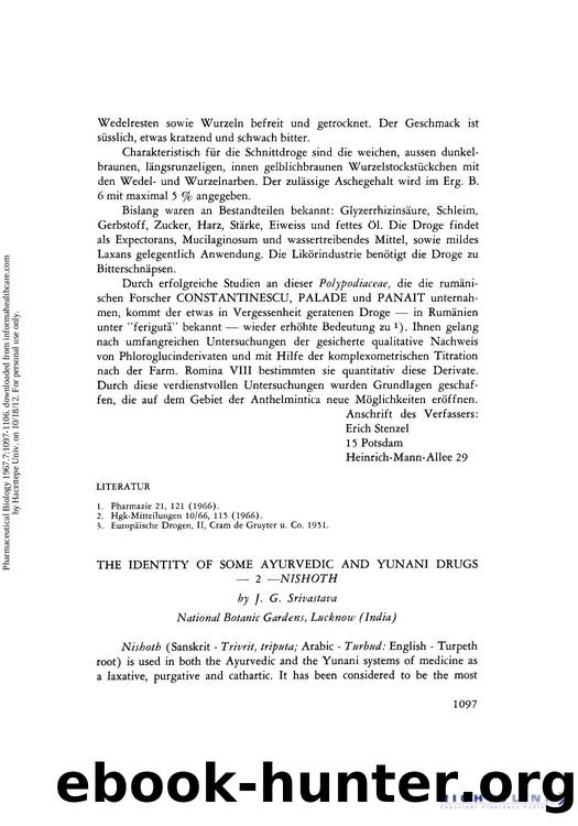 The Identity of Some Ayurvedic and Yunani Drugs â 2 âNishoth by J. G. Srivastava
