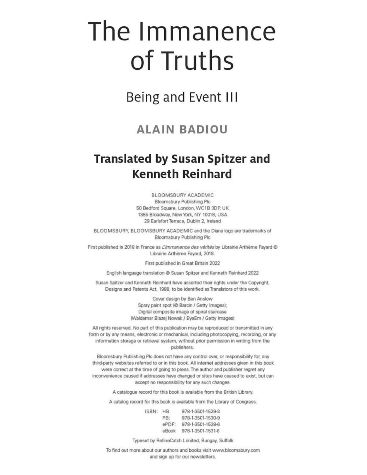 The Immanence of Truths: Being and Event III by Alain Badiou