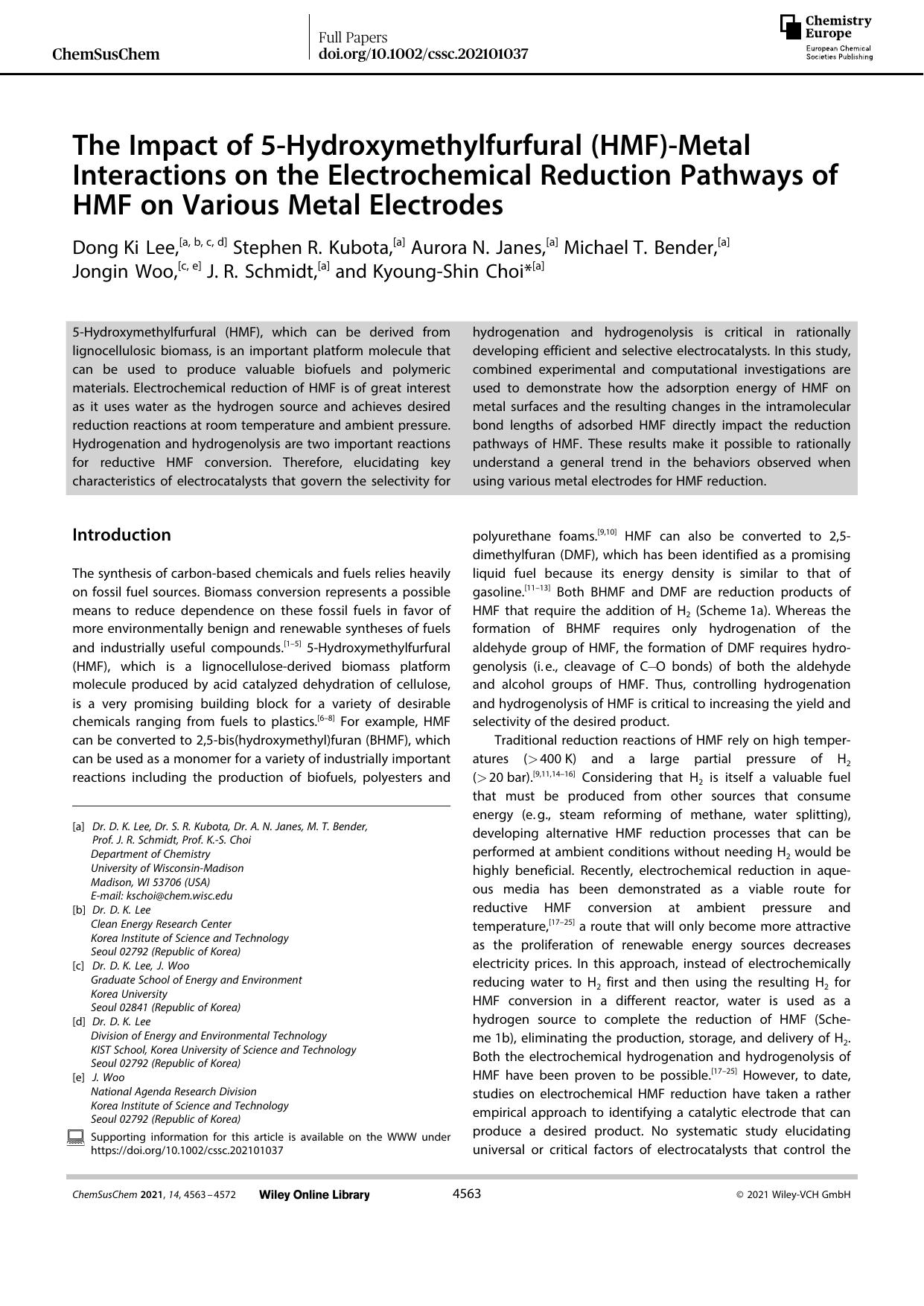 The Impact of 5âHydroxymethylfurfural (HMF)âMetal Interactions on the Electrochemical Reduction Pathways of HMF on Various Metal Electrodes by Unknown