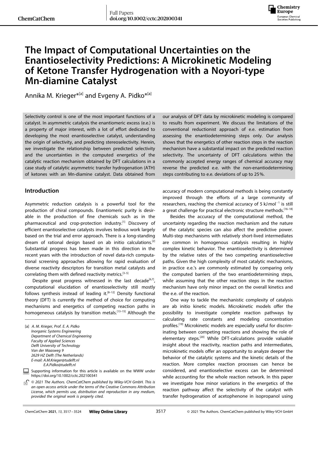The Impact of Computational Uncertainties on the Enantioselectivity Predictions: A Microkinetic Modeling of Ketone Transfer Hydrogenation with a Noyoriâtype Mnâdiamine Catalyst by Unknown