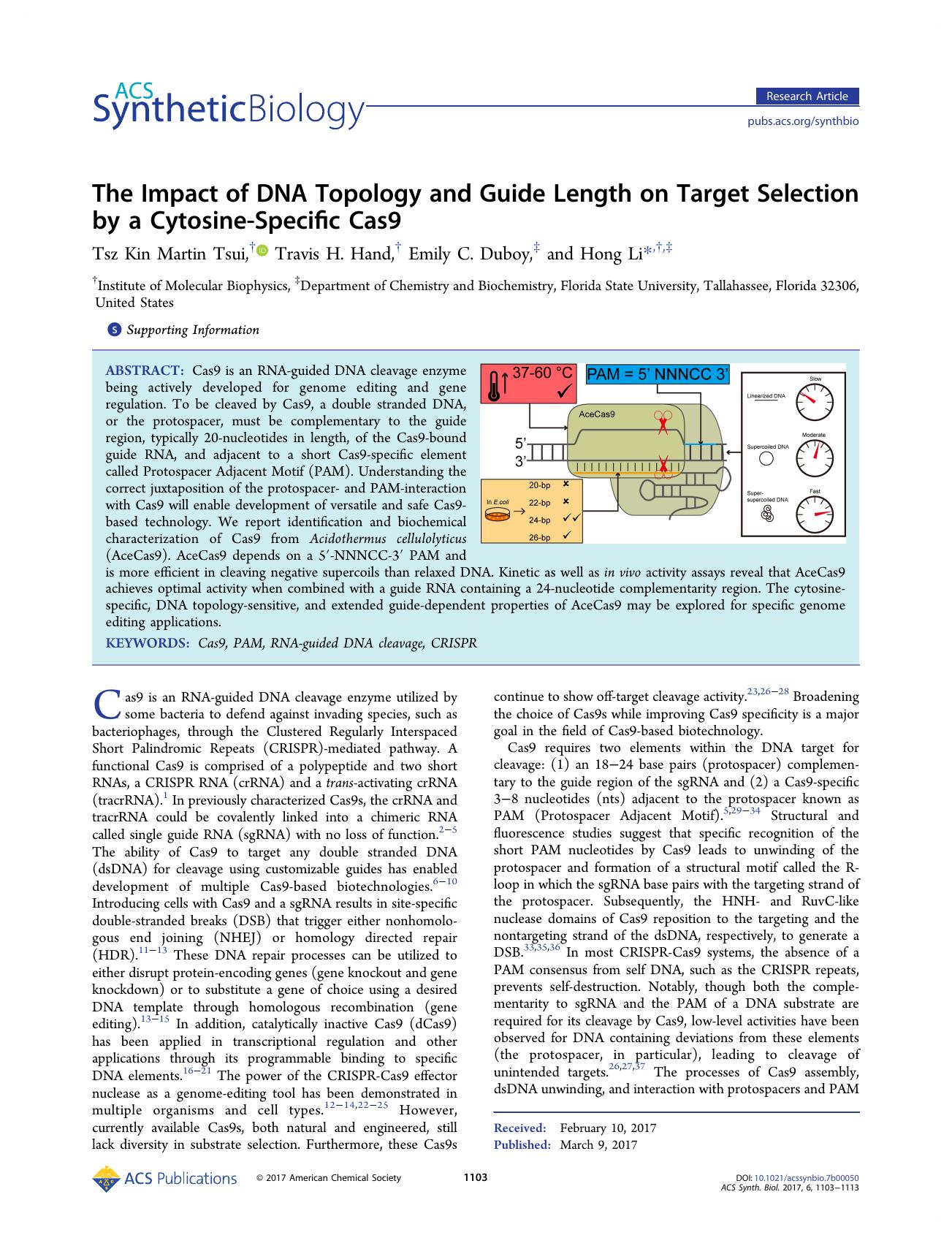 The Impact of DNA Topology and Guide Length on Target Selection by a Cytosine-Specific Cas9 by Tsz Kin Martin Tsui Travis H. Hand Emily C. Duboy and Hong Li