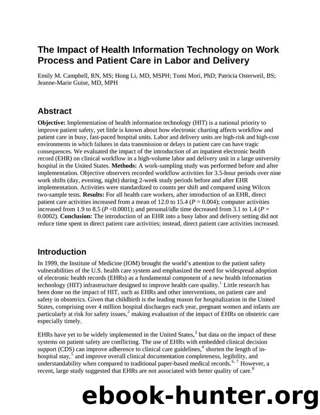 The Impact of Health Information Technology on Work Process and Patient Care in Labor and Delivery by Agency for Healthcare Research and Quality