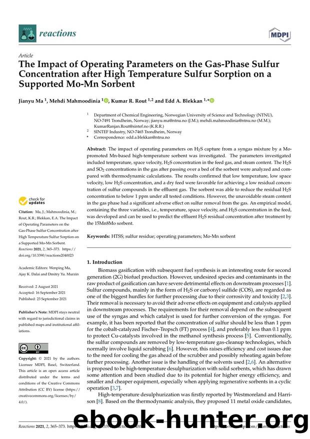 The Impact of Operating Parameters on the Gas-Phase Sulfur Concentration after High Temperature Sulfur Sorption on a Supported Mo-Mn Sorbent by Jianyu Ma Mehdi Mahmoodinia Kumar R. Rout & Edd A. Blekkan