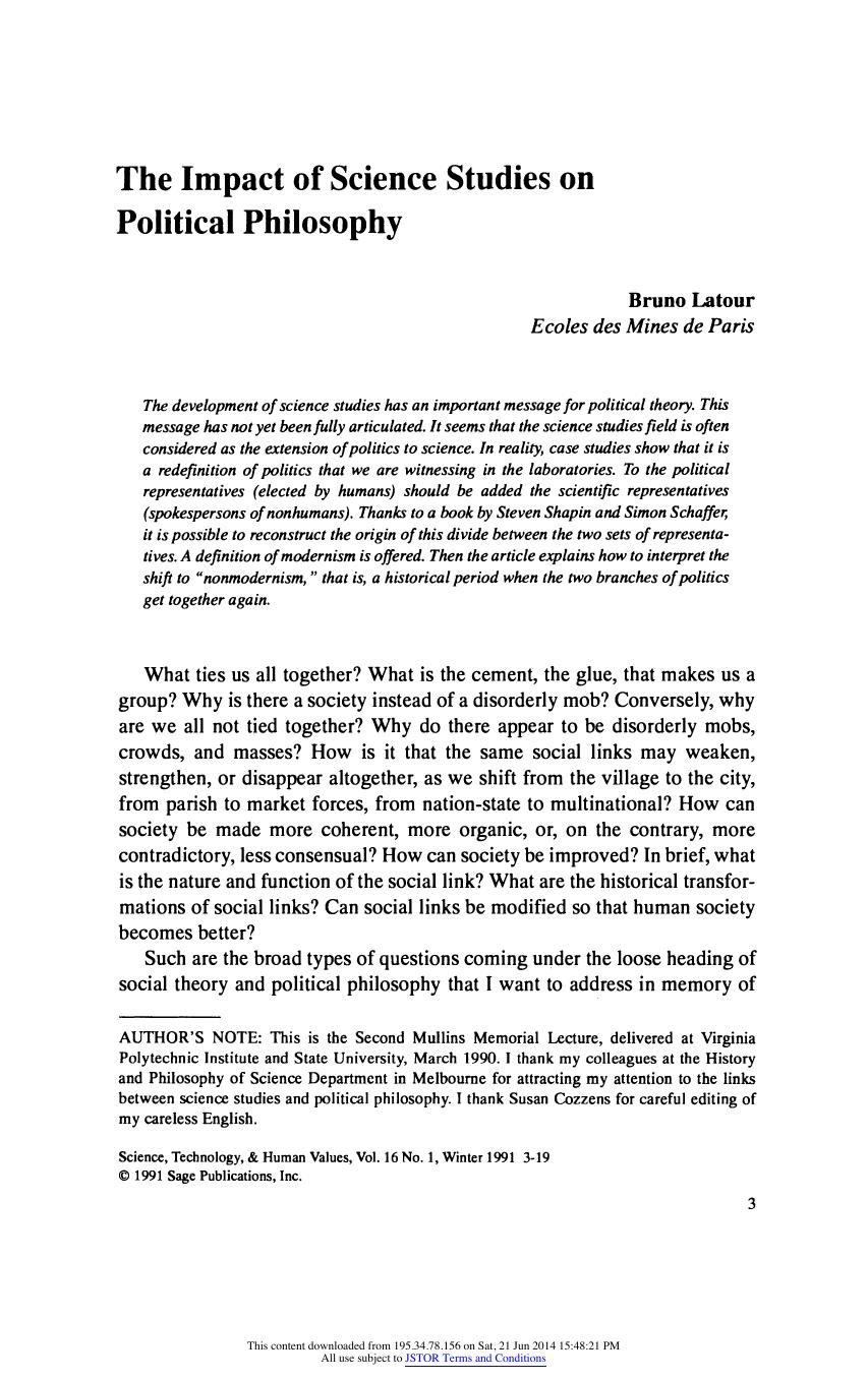 The Impact of Science Studies on Political Philosophy by Unknown