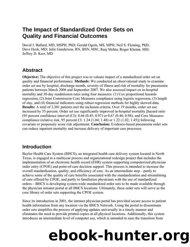 The Impact of Standardized Order Sets on Quality and Financial Outcomes by Agency for Healthcare Research and Quality