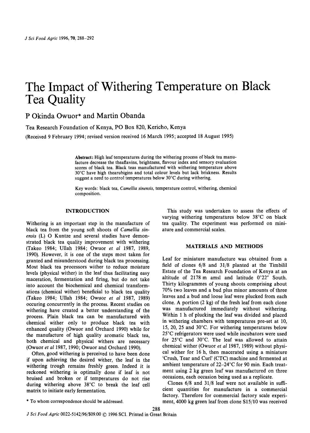 The Impact of Withering Temperature on Black Tea Quality by Unknown