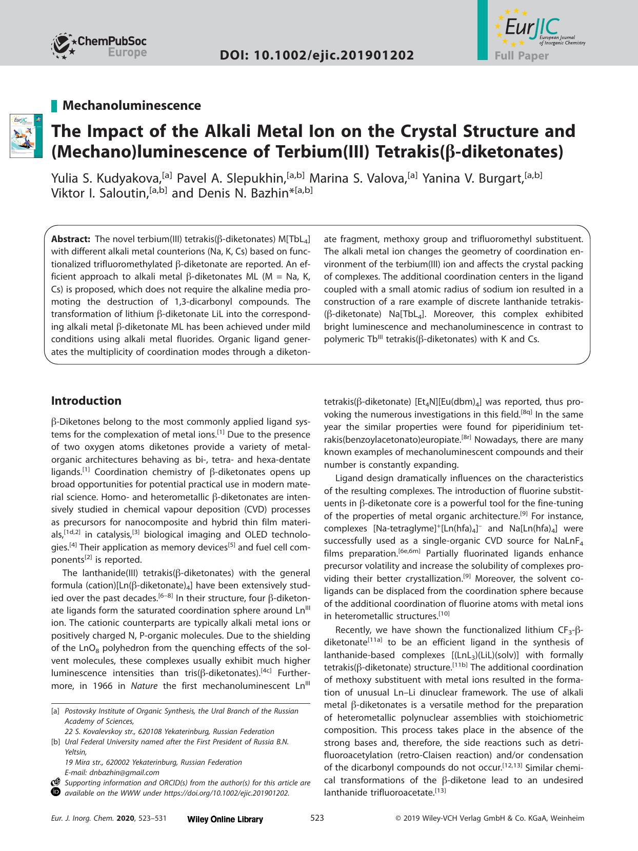 The Impact of the Alkali Metal Ion on the Crystal Structure and (Mechano)luminescence of Terbium(III) Tetrakis(β‐diketonates) by Unknown