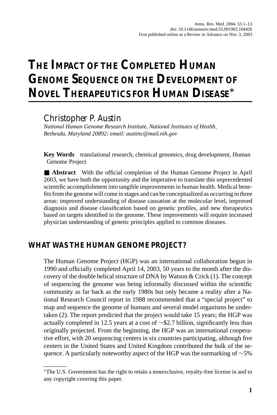 The Impact of the Completed Human Genome Sequence on the Development of Novel Therapeutics for Human Disease* by Christopher P. Austin