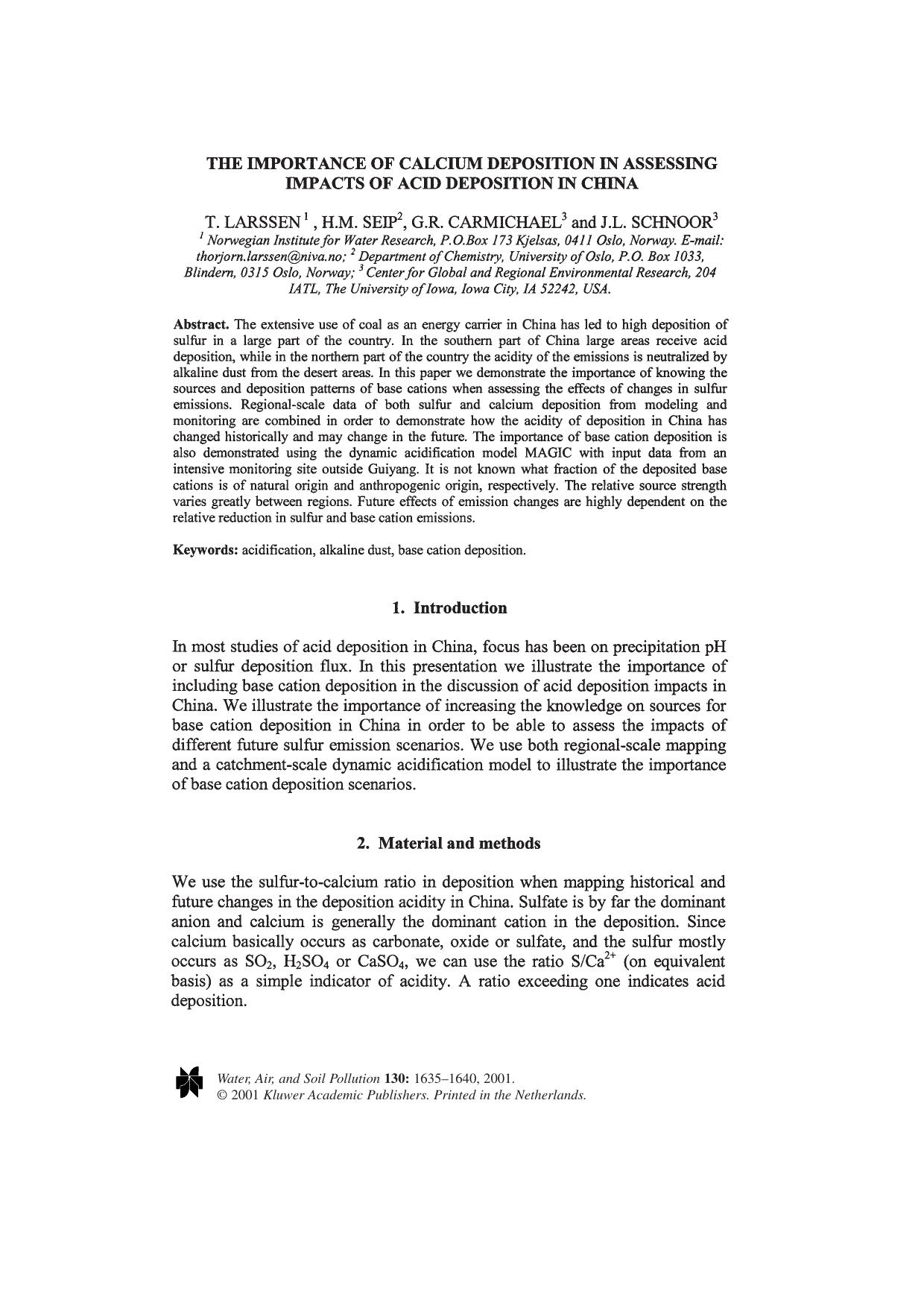 The Importance of Calcium Deposition in Assessing Impacts of Acid Deposition in China by Unknown